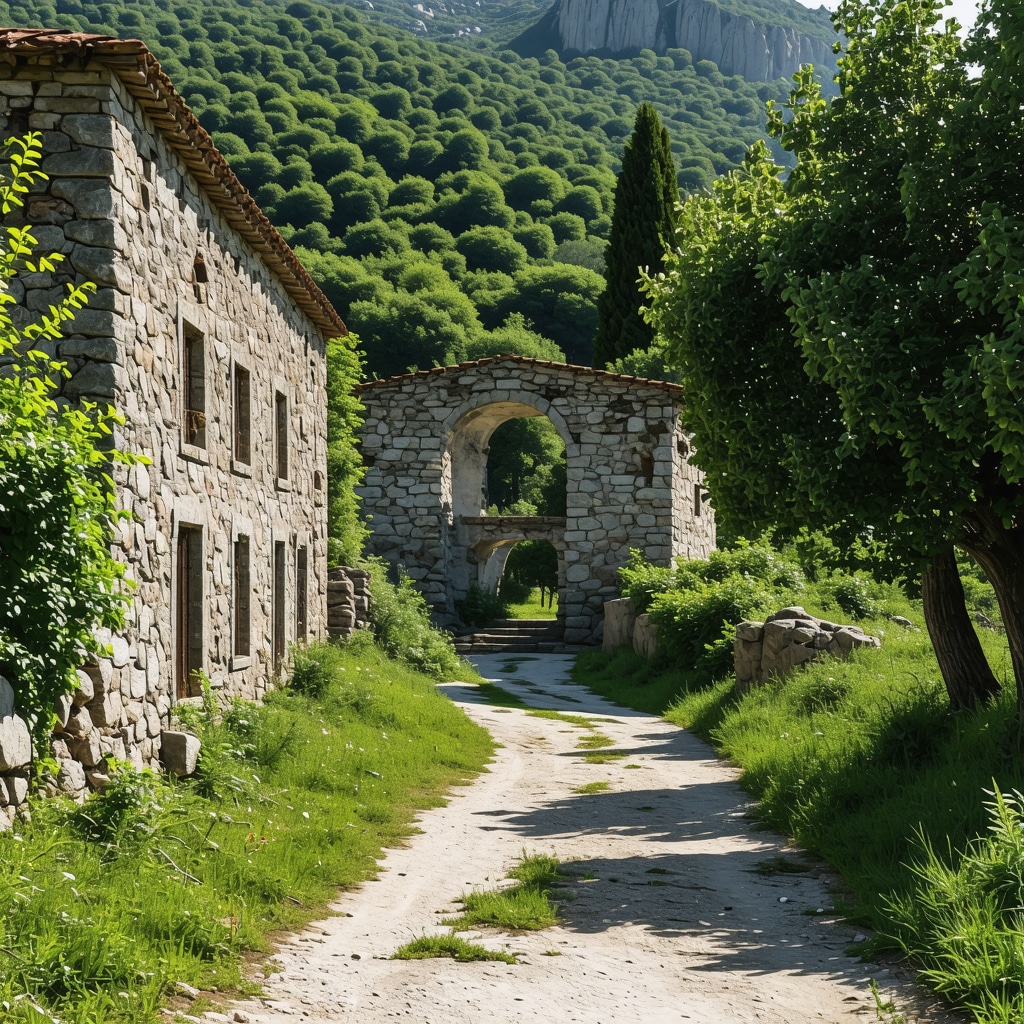 Medieval ruins surrounded by lush green nature in Stolac under soft sunlight