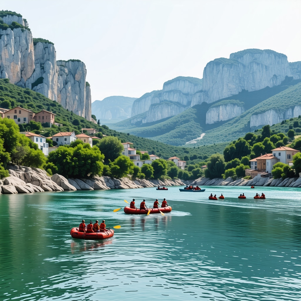 Scenic view of Omiš with lush greenery and river rafting activity in the foreground
