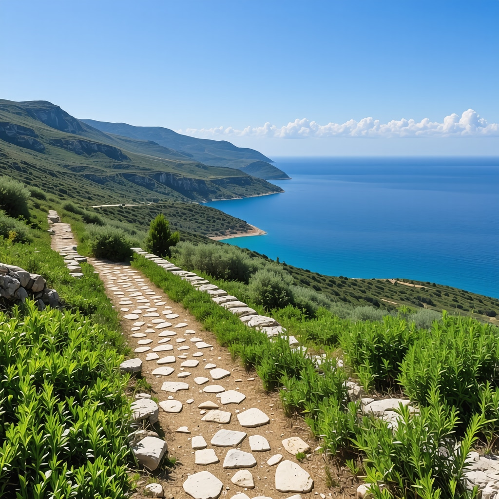 Panoramic view of mountain hiking trails with ancient ruins and turquoise sea in Himara