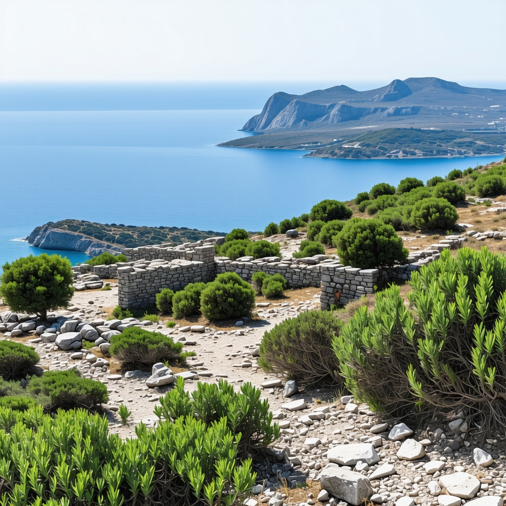 View from Mount Çika summit of Himara coast with hiking trails and ancient ruins under clear sky