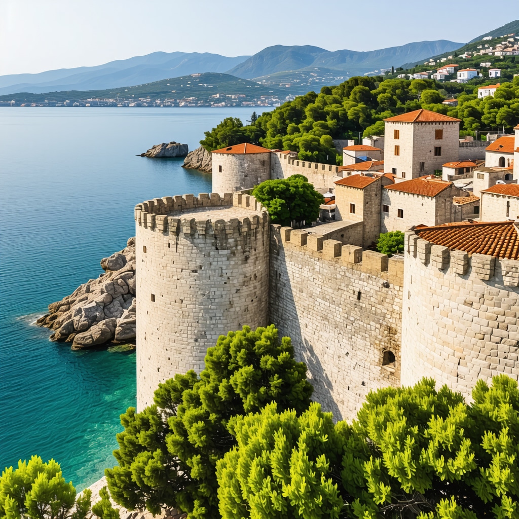 Aerial view showing Herceg Novi's historic fortresses integrated with sustainable tourism and Mediterranean coast