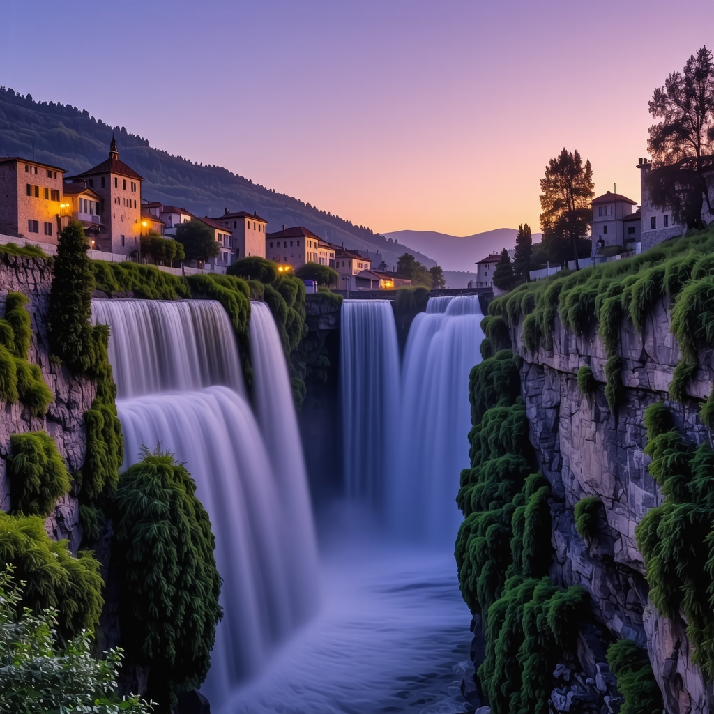 Beautiful panoramic view of Jajce's waterfalls and historic cityscape at sunset