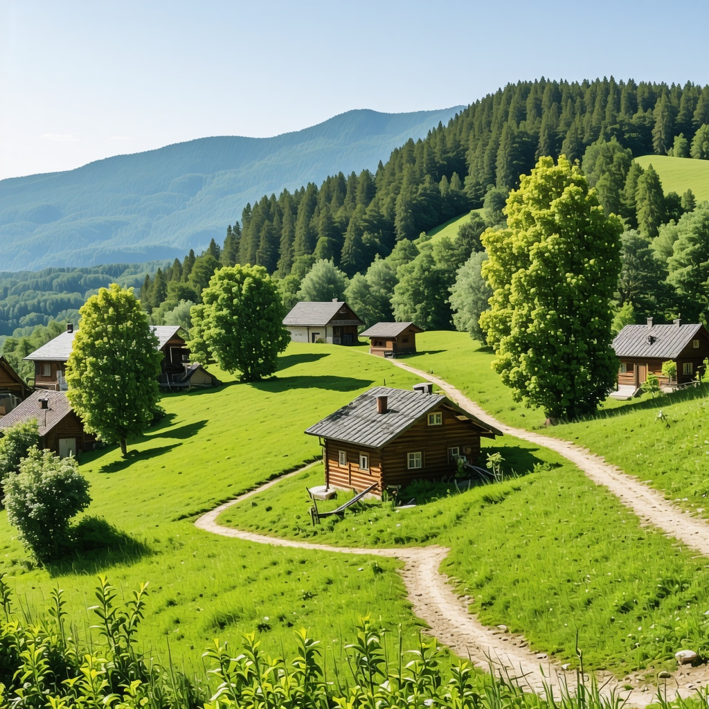Panoramic image showing Kičevo's sustainable tourism with technology sensors on trails, community workshops, and eco-friendly lodging amidst mountains