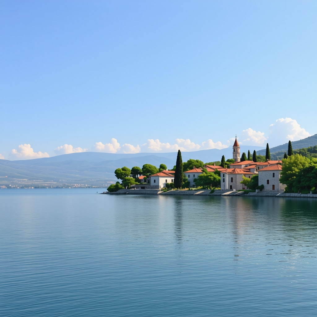 Panoramic view of Lake Ohrid with historical sites and lush landscapes