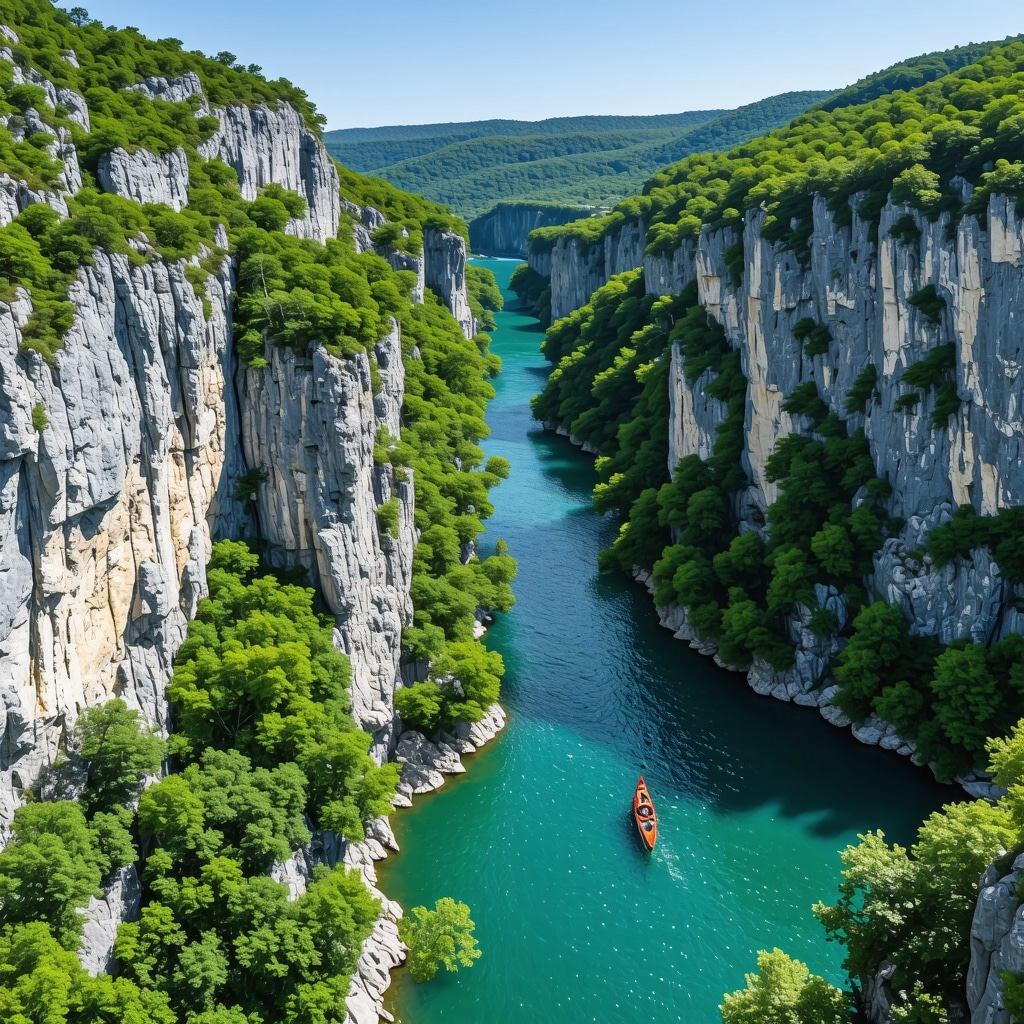 Aerial photo of Matka Canyon with Treska River, cliffs, forests, and tourists kayaking