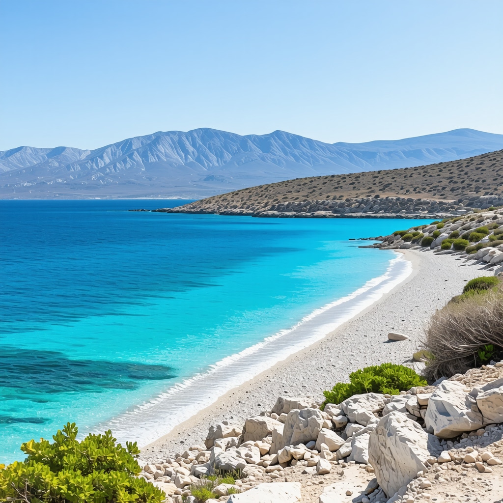 Scenic panoramic view of Pag island showcasing beaches and mountains under a clear sky.