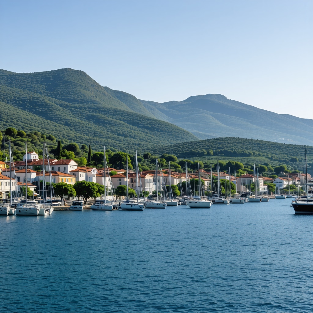 Panoramic coastal view of Tivat with luxury yachts and green hills emphasizing sustainable tourism