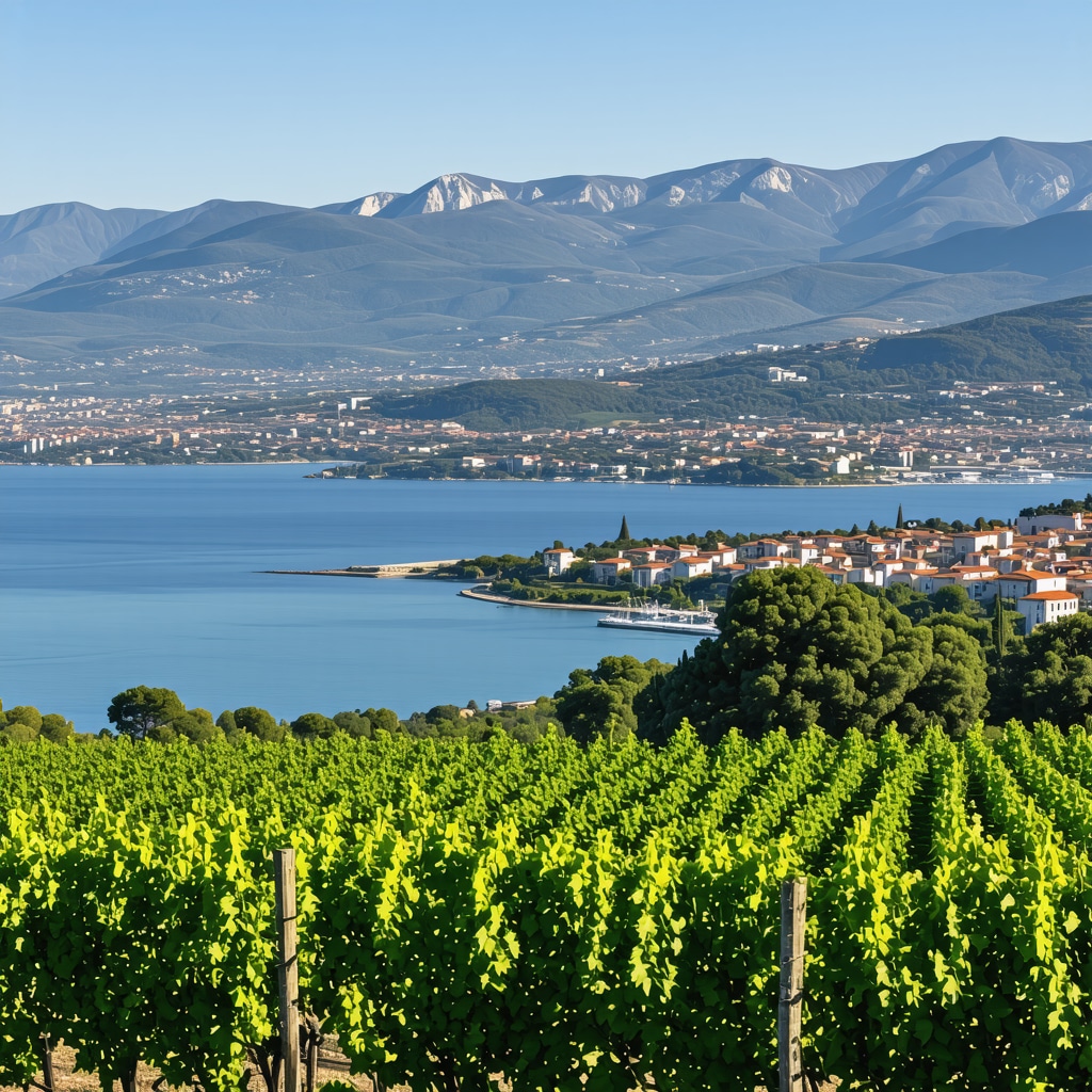 Panoramic coastal and vineyard landscape of Volos with Pelion mountains under blue sky