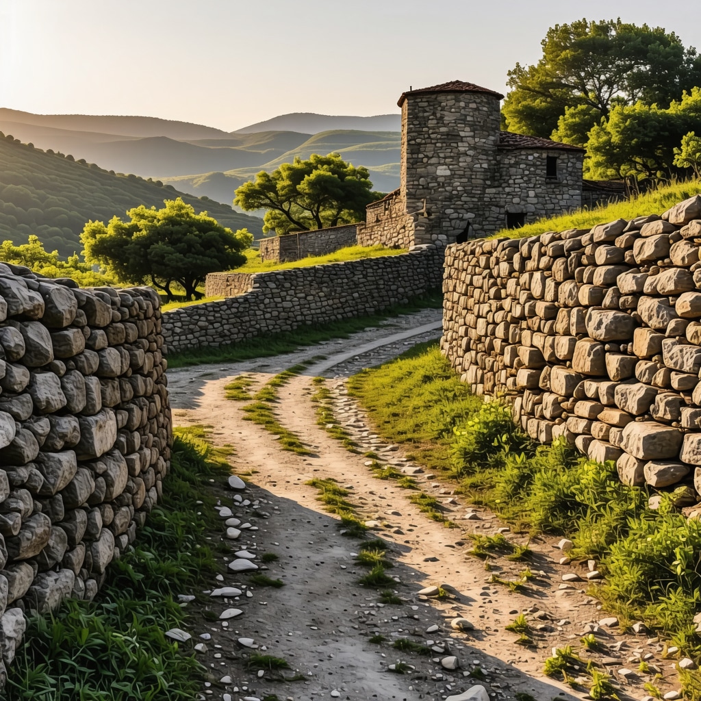 Hiking trail in Vjetrenica natural park with Stolac medieval stone structures in background at sunset