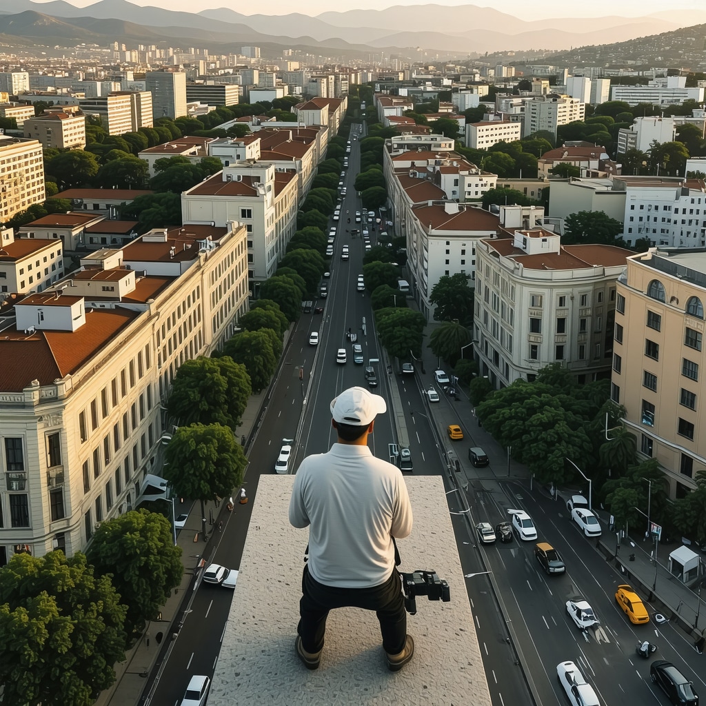 Photographer flying a drone capturing Skopje's blend of historical and modern architecture with dynamic light and shadow contrasts