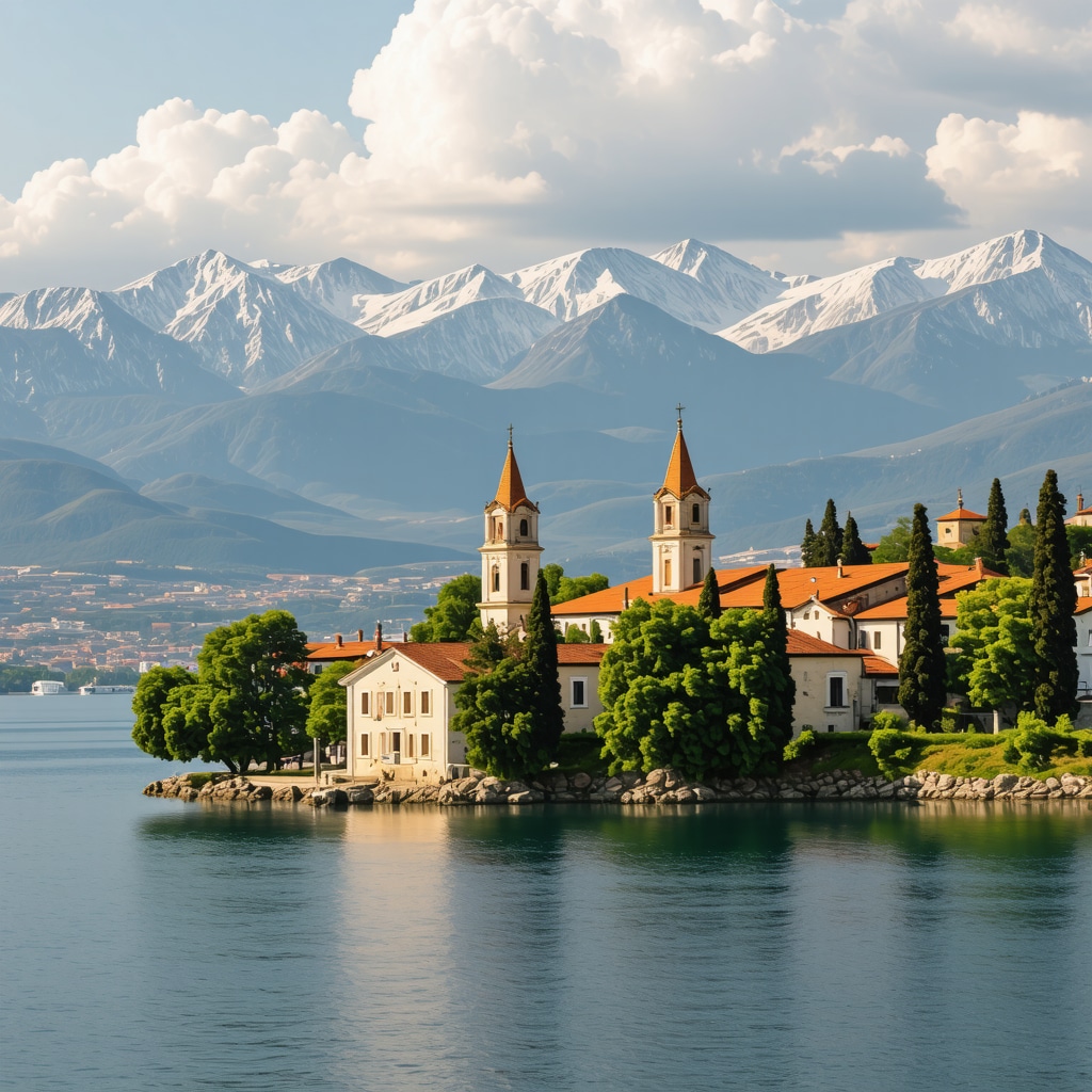 Ohridsko jezero z zgodovinskimi cerkvami in gorami v ozadju
