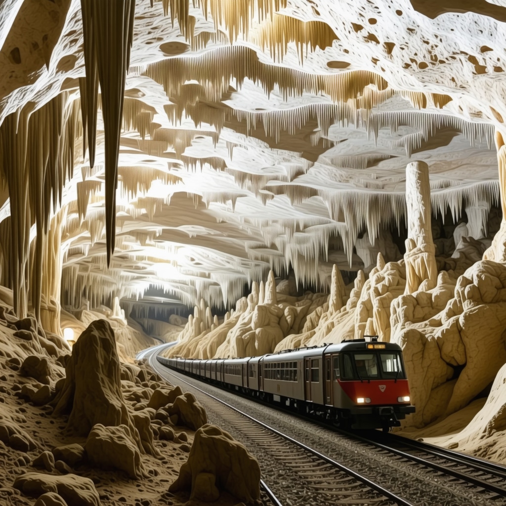 Interior view of Postojnska jama cave with stalactites, stalagmites, and an electric cave train