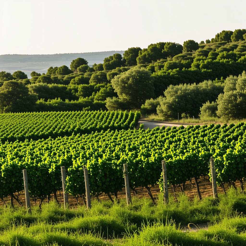 Vinogradi v Puli z modernimi vinskimi kletmi v ozadju, prikaz mediteranske pokrajine in tradicije