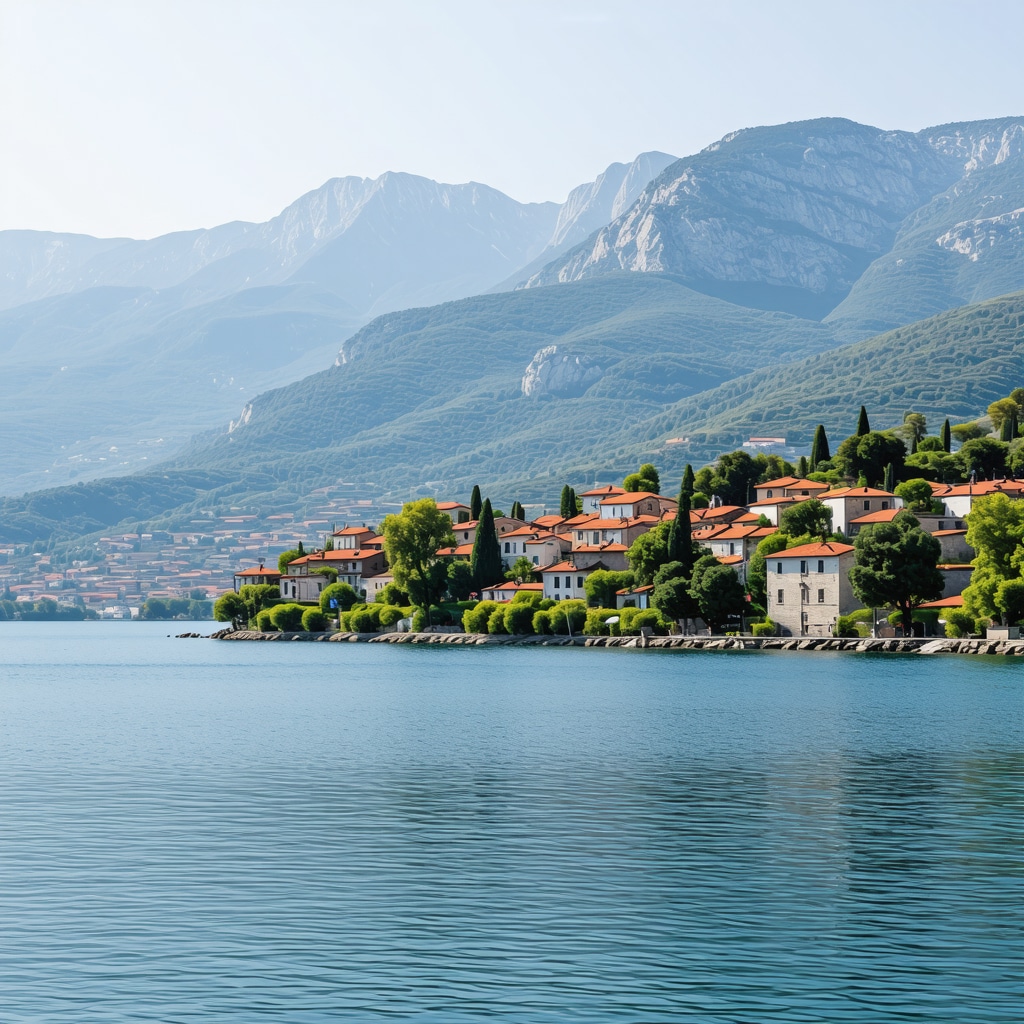 Razgled na jezero Ohrid z obalo in okoliškimi hribi
