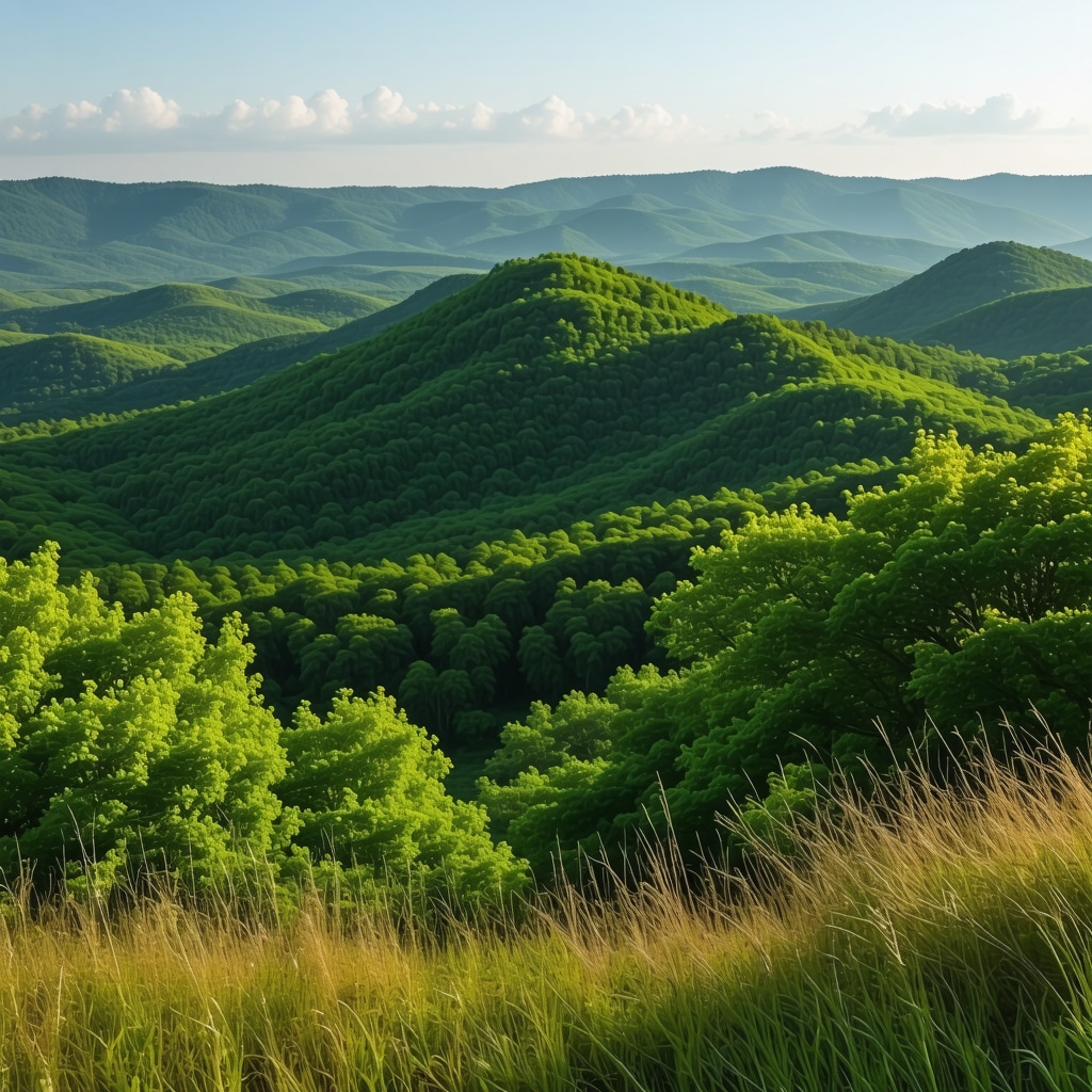 Razgled z vrha gore na zelene doline in nebeško modro nebo