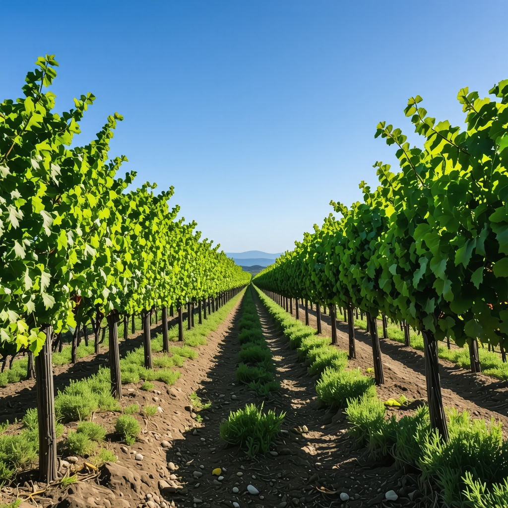 Vineyard on Santorini with traditional kouloura vine training surrounded by volcanic soil and blue sky