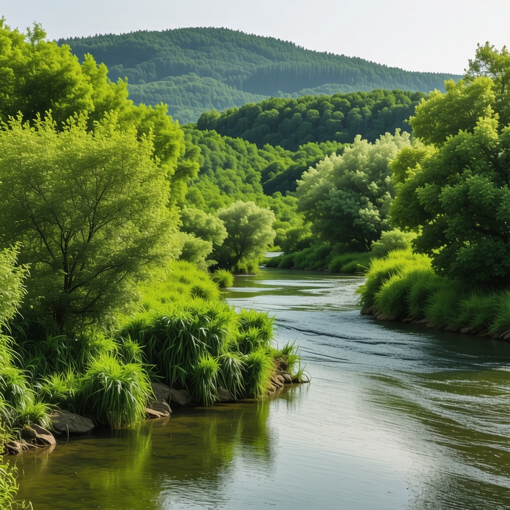 Lush green landscape of a Balkan nature reserve with river and wildlife