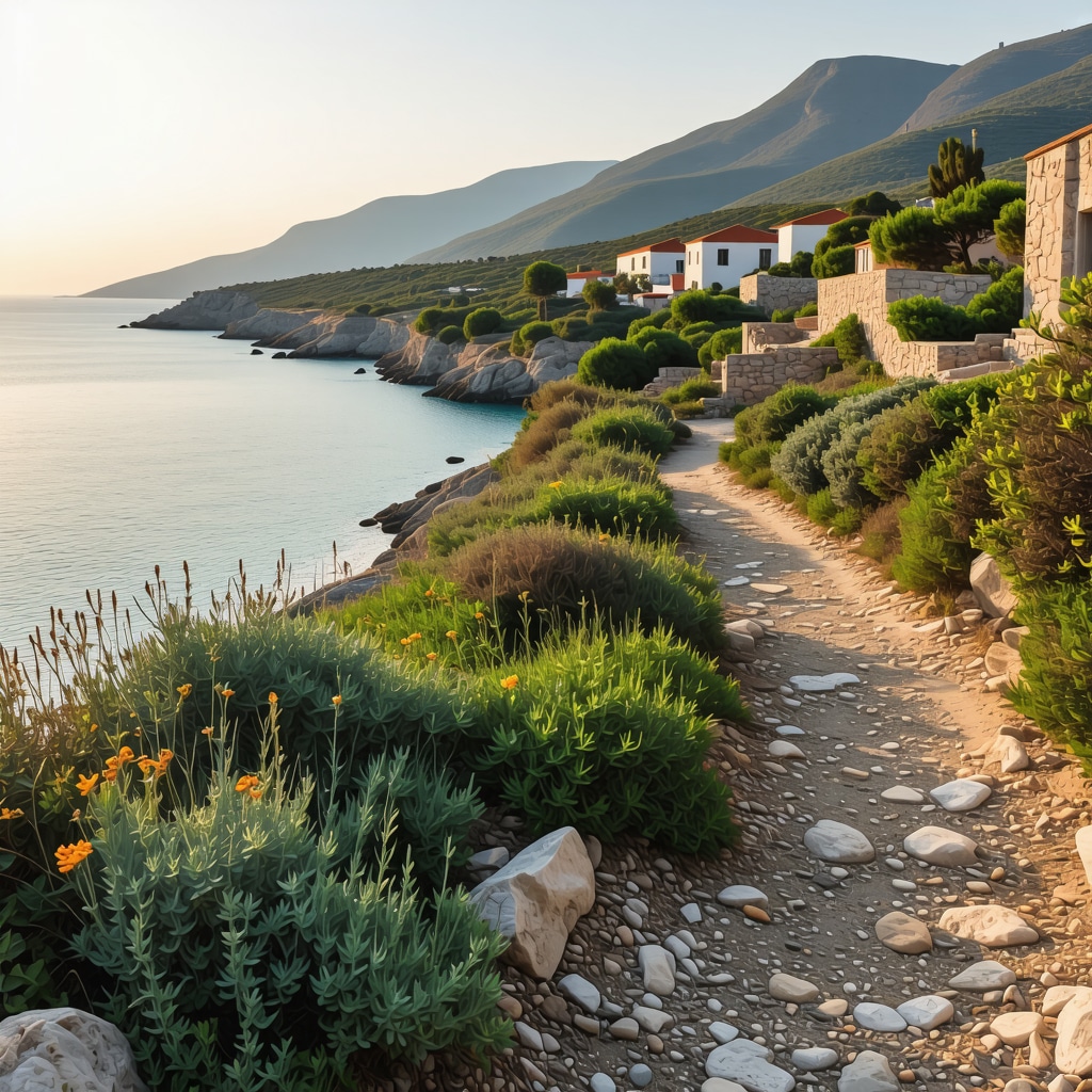 Hiking trail in Himara with sea views and traditional stone houses