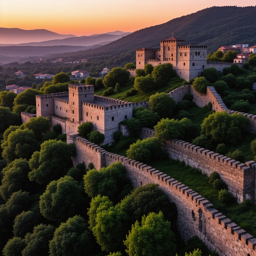Ancient Serbian fortress with sunset backdrop and lush landscape.