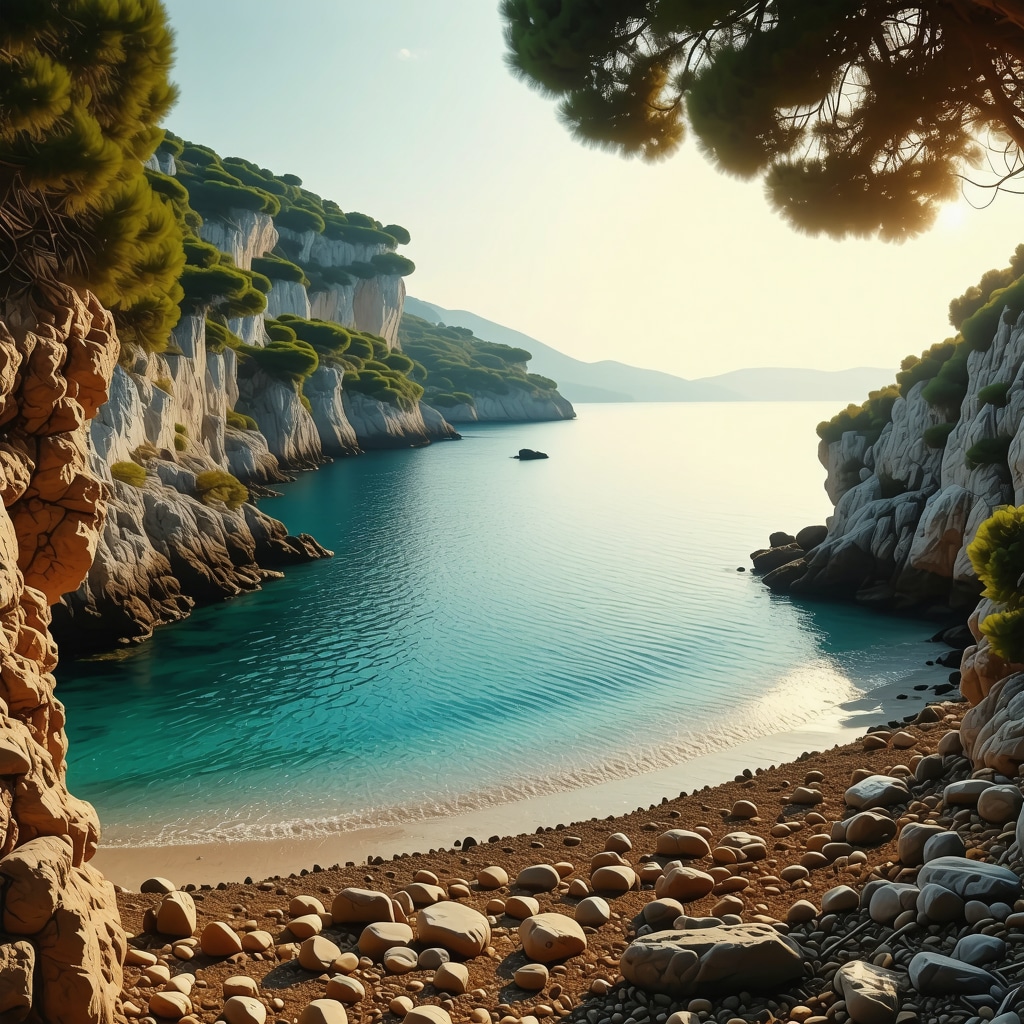 Skrita plaža ob sončnem zahodu z modrim morjem in zelenimi obalami