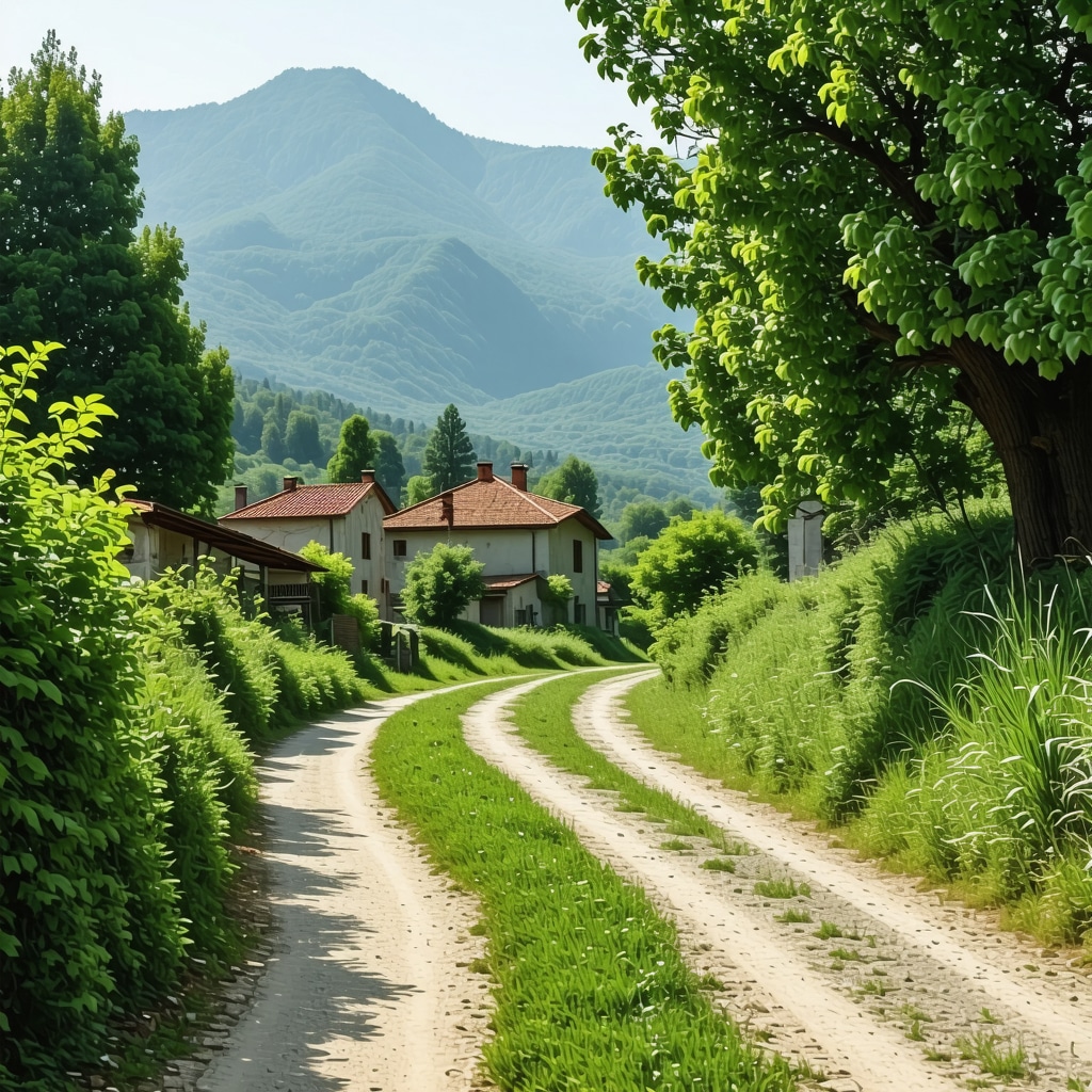 Idilična scena skritih poti Balkana z naravo in tradicionalnimi vasmi