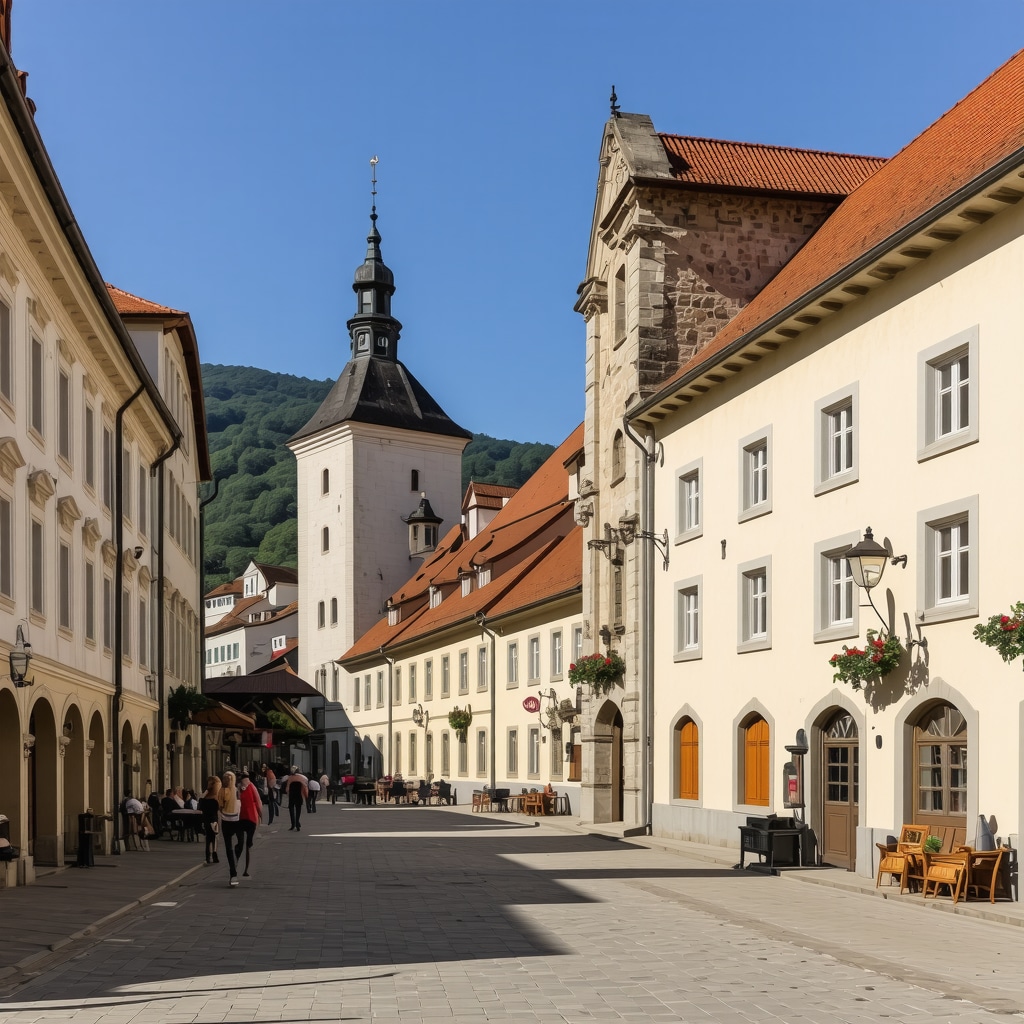 Historic city center of Celje with traditional architecture and legend-inspired decorations