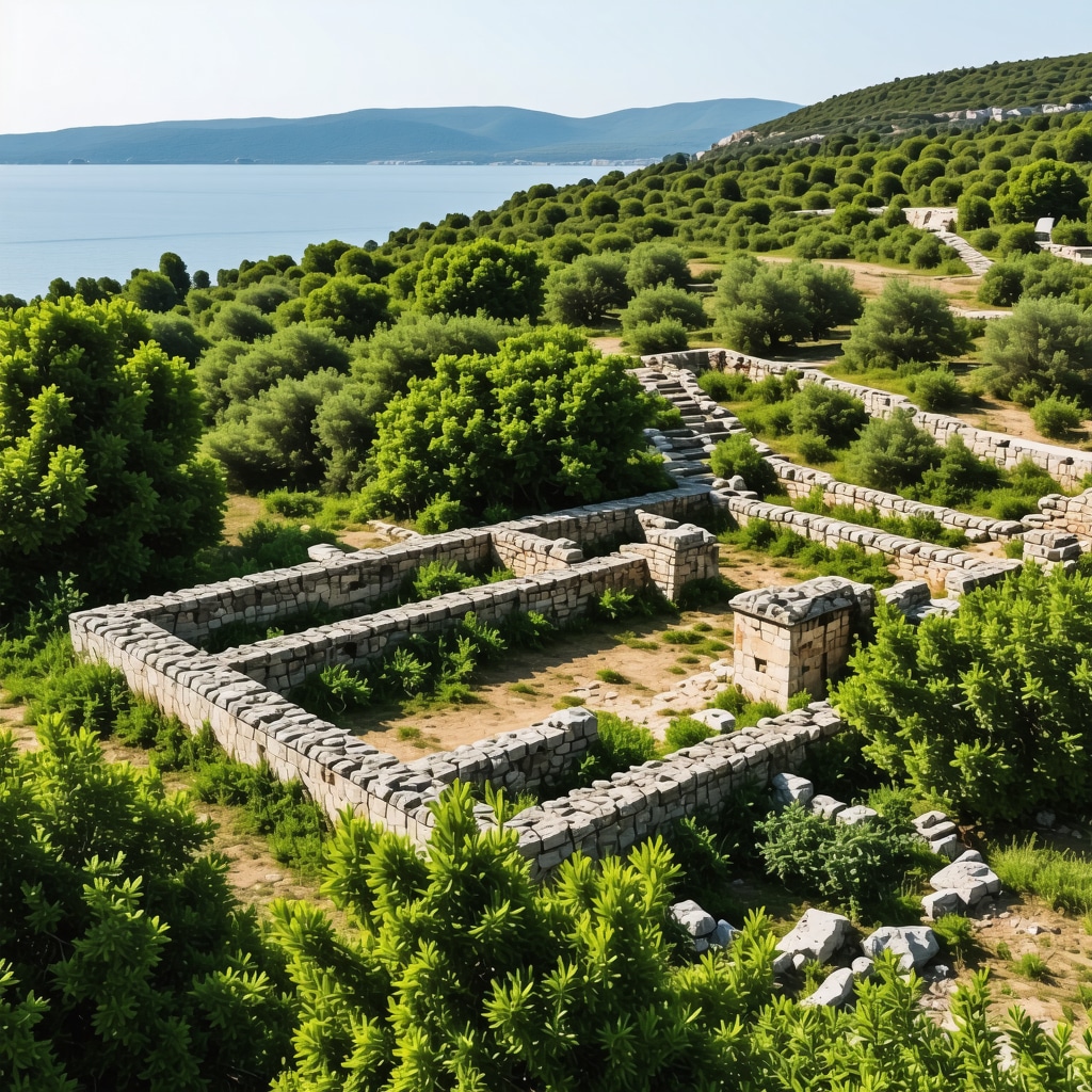 Pogled na starodavne ruševine v Halkidiki obdane z zelenjem, simbol zgodovine in kulture.