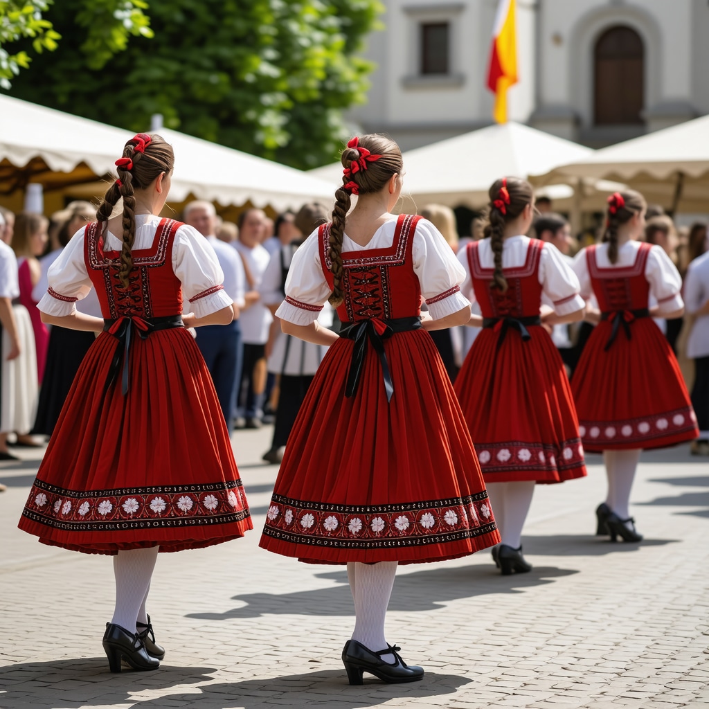 People in traditional Slovenian costumes dancing at a festival.