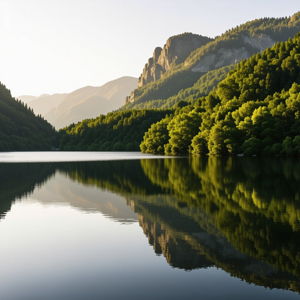 Scenic view of a mountain lake in Slovenia with lush greenery and sunset