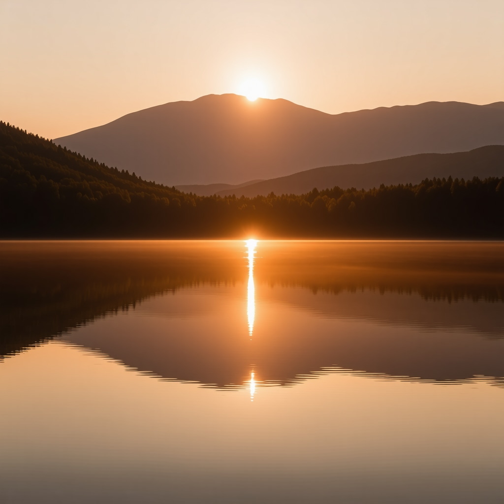 Sončni vzhod nad jezerom Durmitor z odsevi v vodi in okoliškimi gozdovi