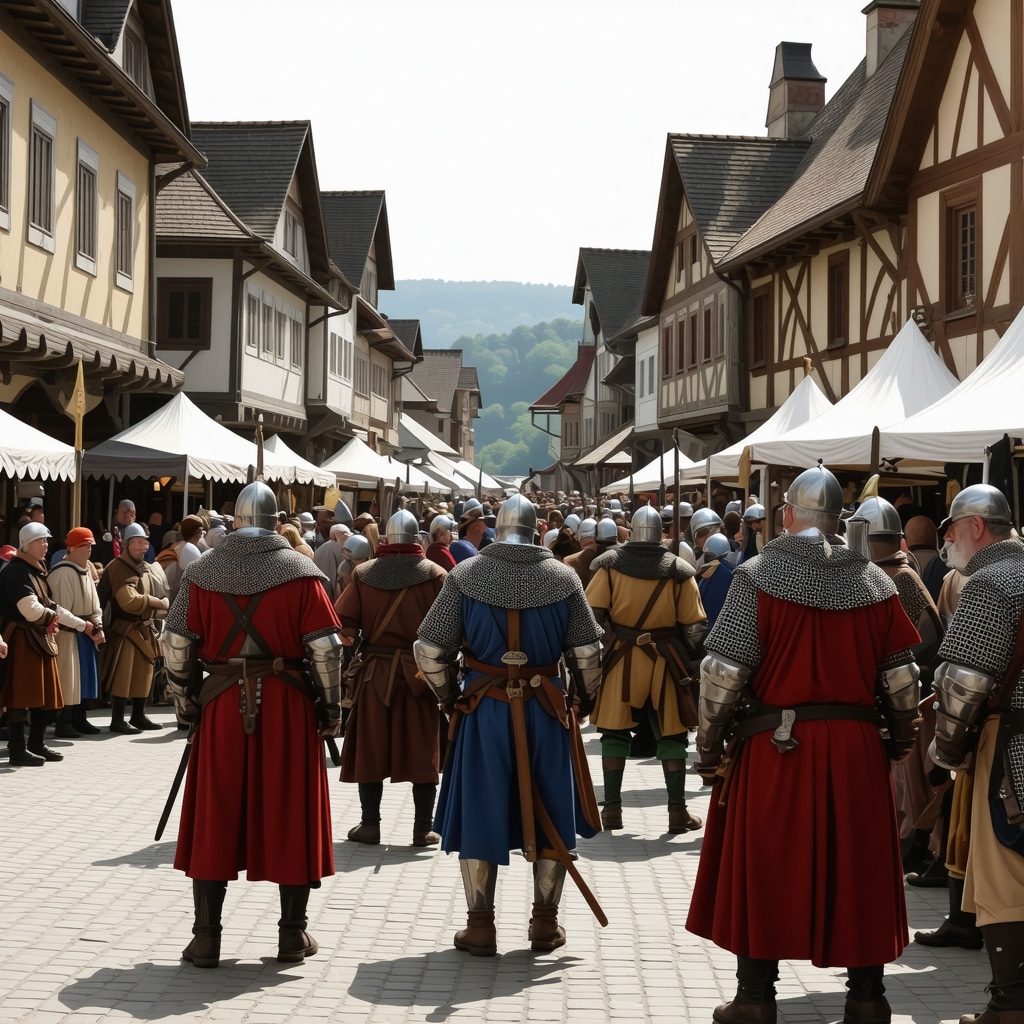 Reenactors in medieval costumes at a lively festival in a historic town square