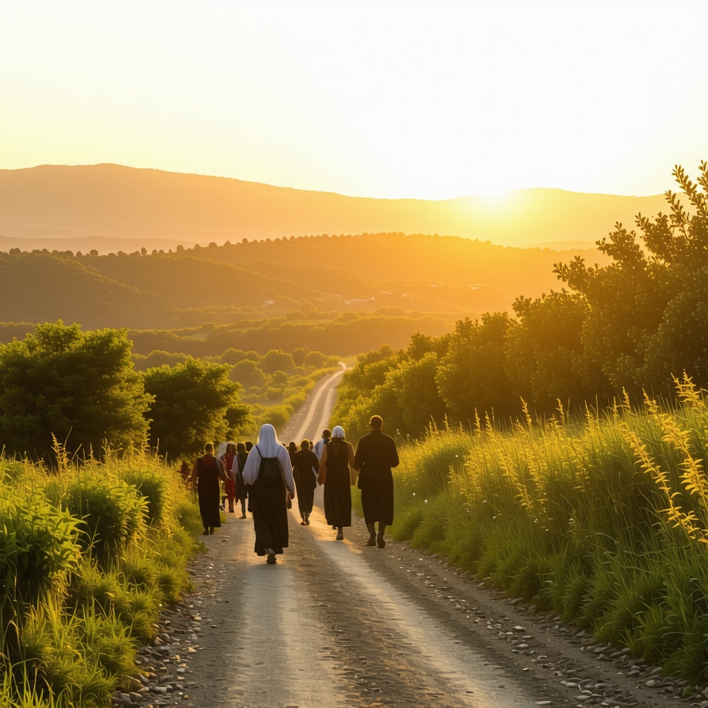 Pilgrims walking at sunrise in the peaceful hills of Medjugorje surrounded by lush greenery