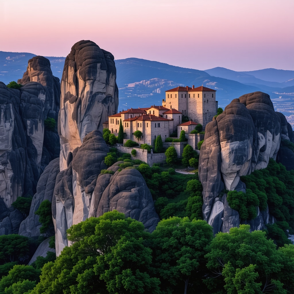 Sunset view of Meteora's rock formations and monasteries
