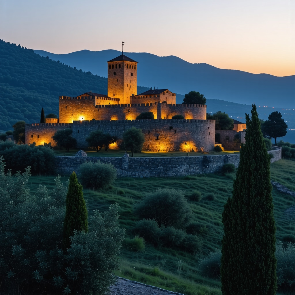 Panoramic view of Stolac's medieval Vidoška Kula at sunset featuring augmented reality overlays of historical reconstructions