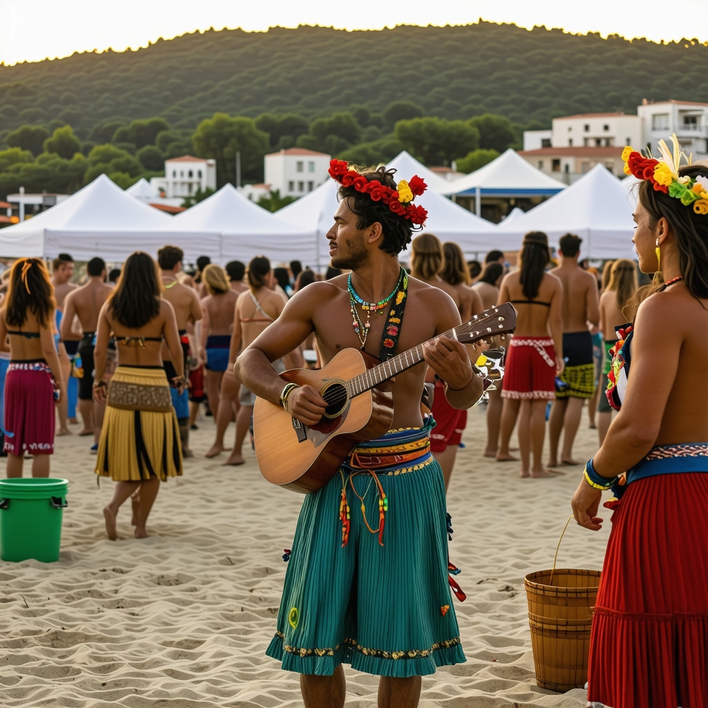 Crowd enjoying a sustainable coastal music festival at sunset in Ulcinj, Montenegro