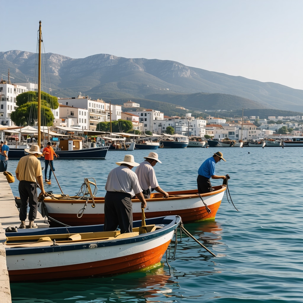 Fishermen in Volos using traditional and modern sustainable fishing techniques with Pelion mountains in the background