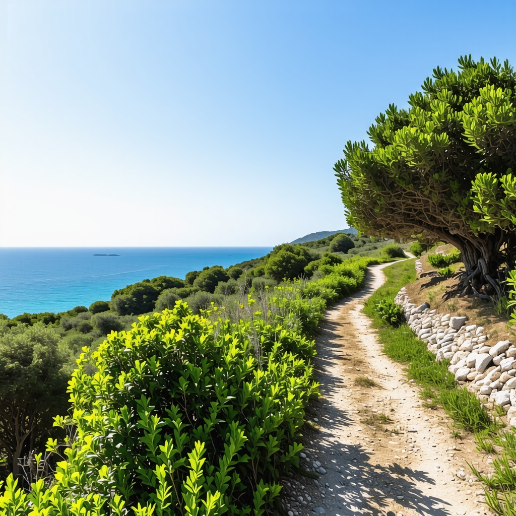 Hiking trail in Halkidiki with Mediterranean vegetation and sea view featuring sustainable tourism signage