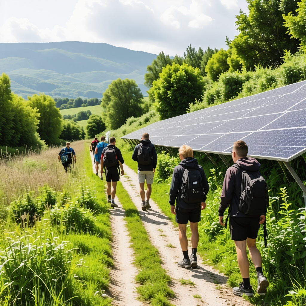 Tourists walking along an eco-friendly trail in Kičevo with solar panels and local guides explaining cultural heritage