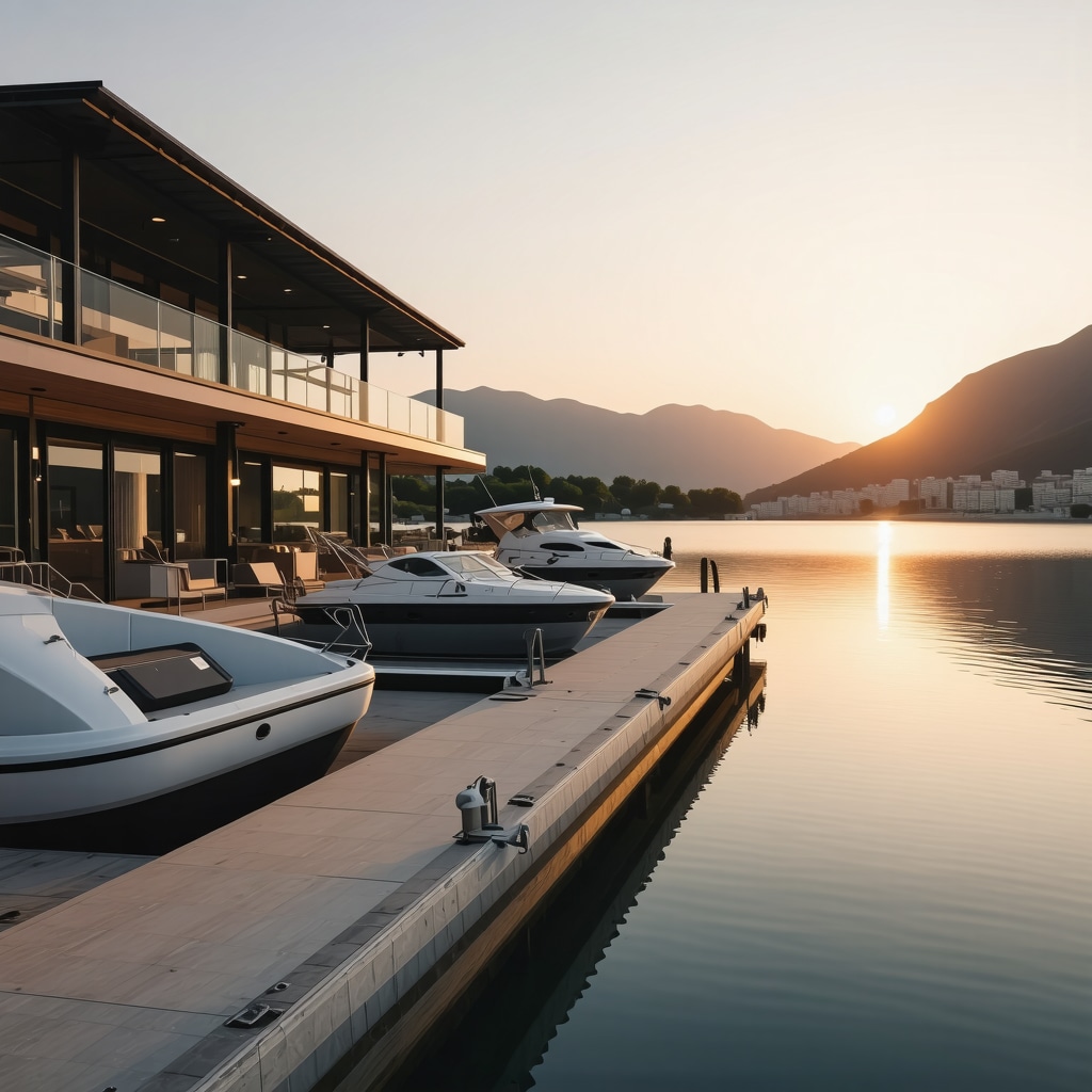 Luxurious marina in Tivat with solar panels and electric boats at sunset, illustrating sustainable tourism