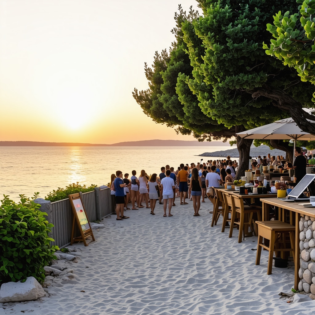 Sunset at Zlatni Pjasci beach with eco-friendly tourism features and cultural activities
