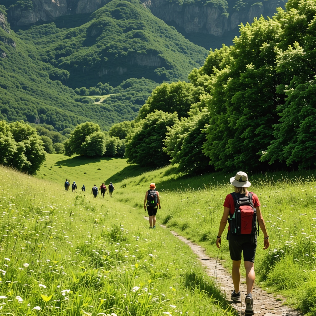 Hikers walking along eco-friendly trails in the green mountainous landscape of Berane