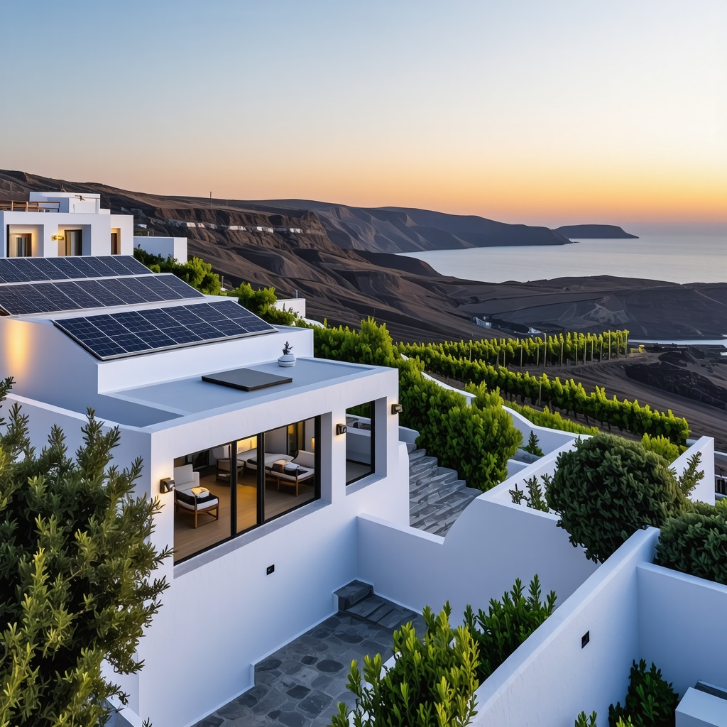 Panoramic view of Santorini caldera with eco-friendly resorts, solar panels, and vineyards at sunset