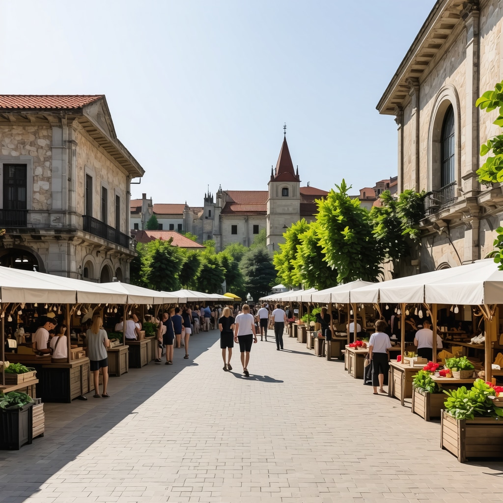 Historic urban market in Niš with sustainable green spaces and visitors