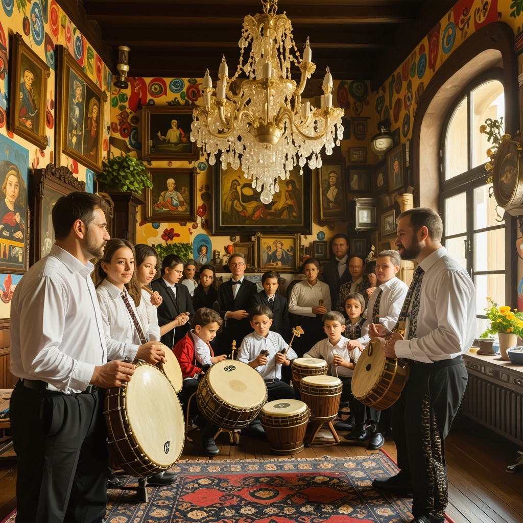 Musicians playing tambura instruments in a traditional workshop setting in Subotica