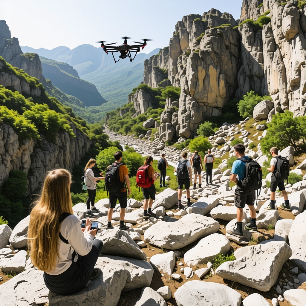 Matka Canyon panorama with IoT sensors, drones, and hikers using AR apps representing sustainable tourism technology