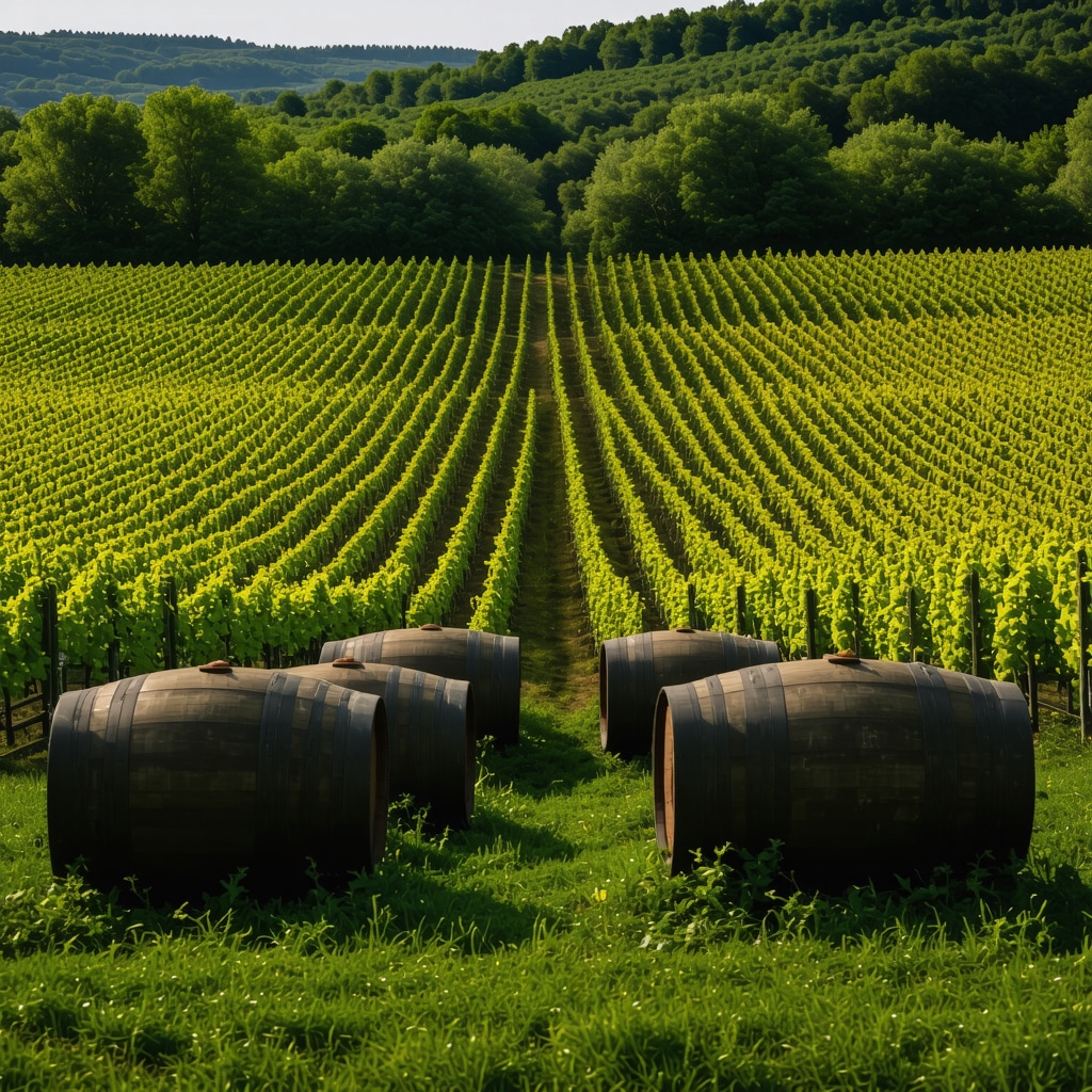 Panoramic view of Tikveš vineyards with traditional barrels and modern viticulture equipment