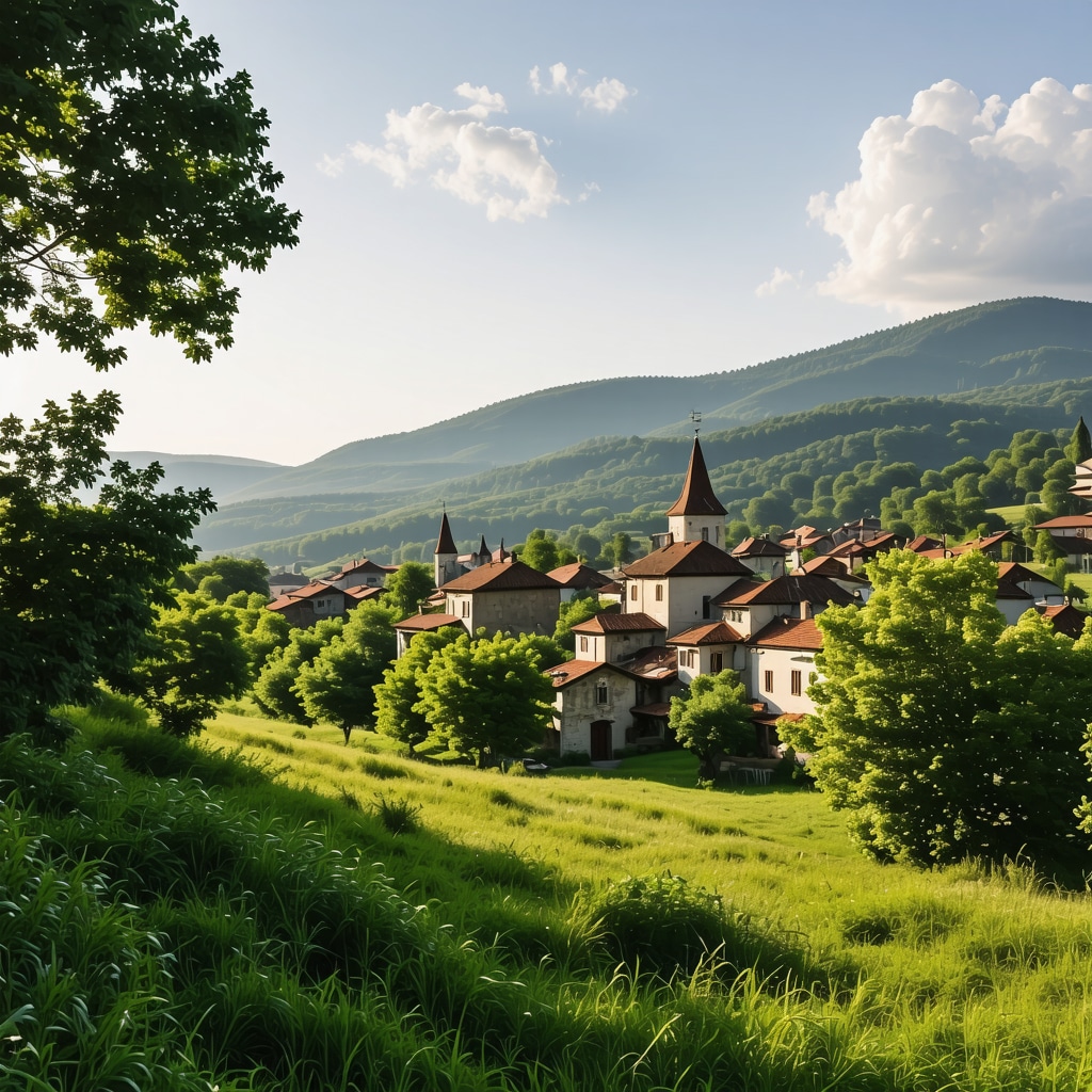 A scenic view of a traditional Balkan village showcasing historical architecture and natural surroundings