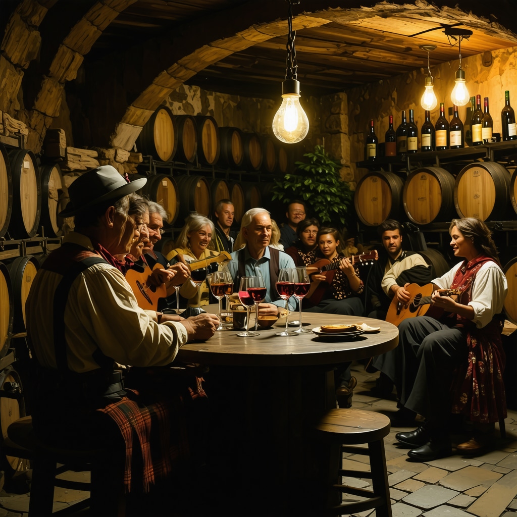 People tasting wine in a traditional Balkan wine cellar with folk musicians playing
