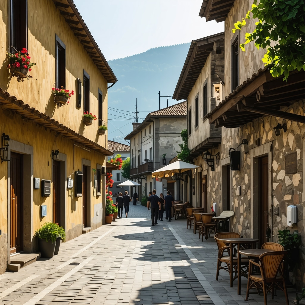 A lively Bosnian street with historic buildings and local vendors