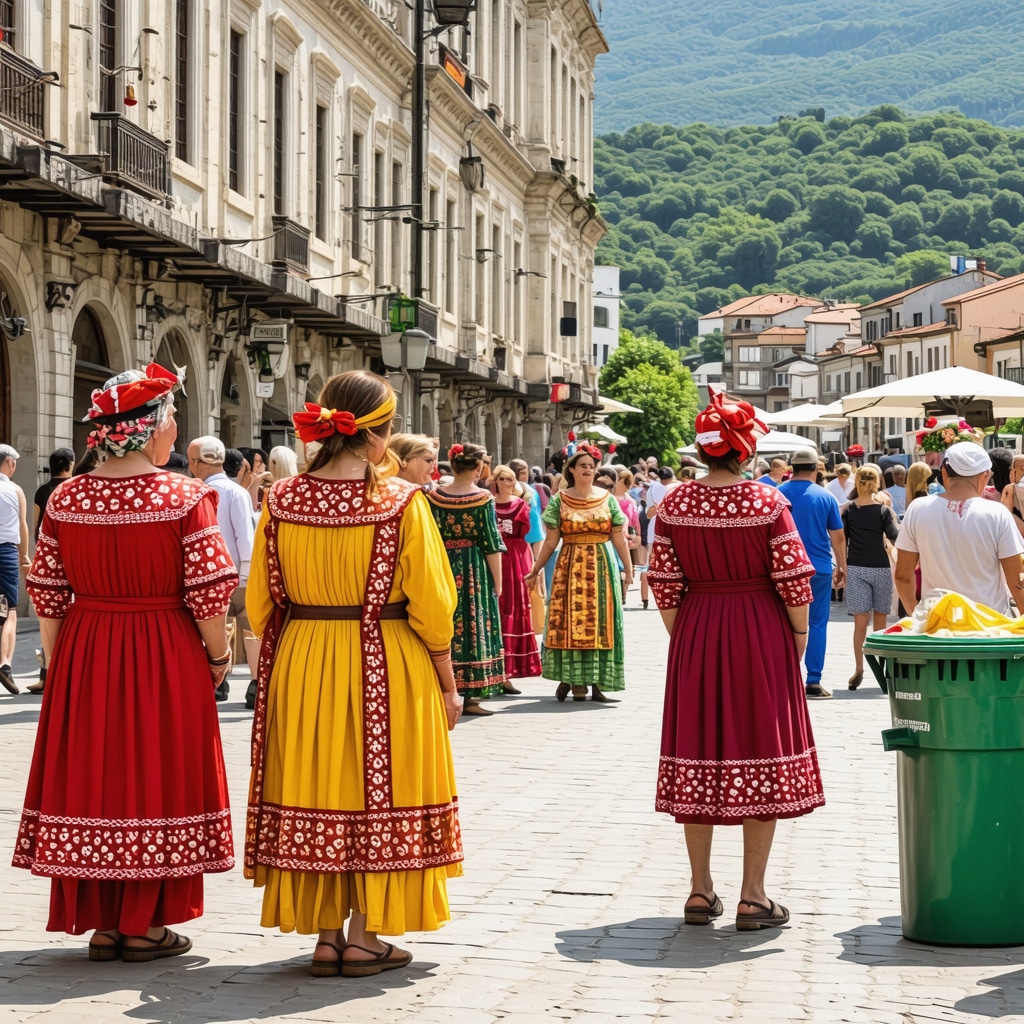 Colorful festival scene in Xanthi with diverse ethnic costumes and sustainable festival elements